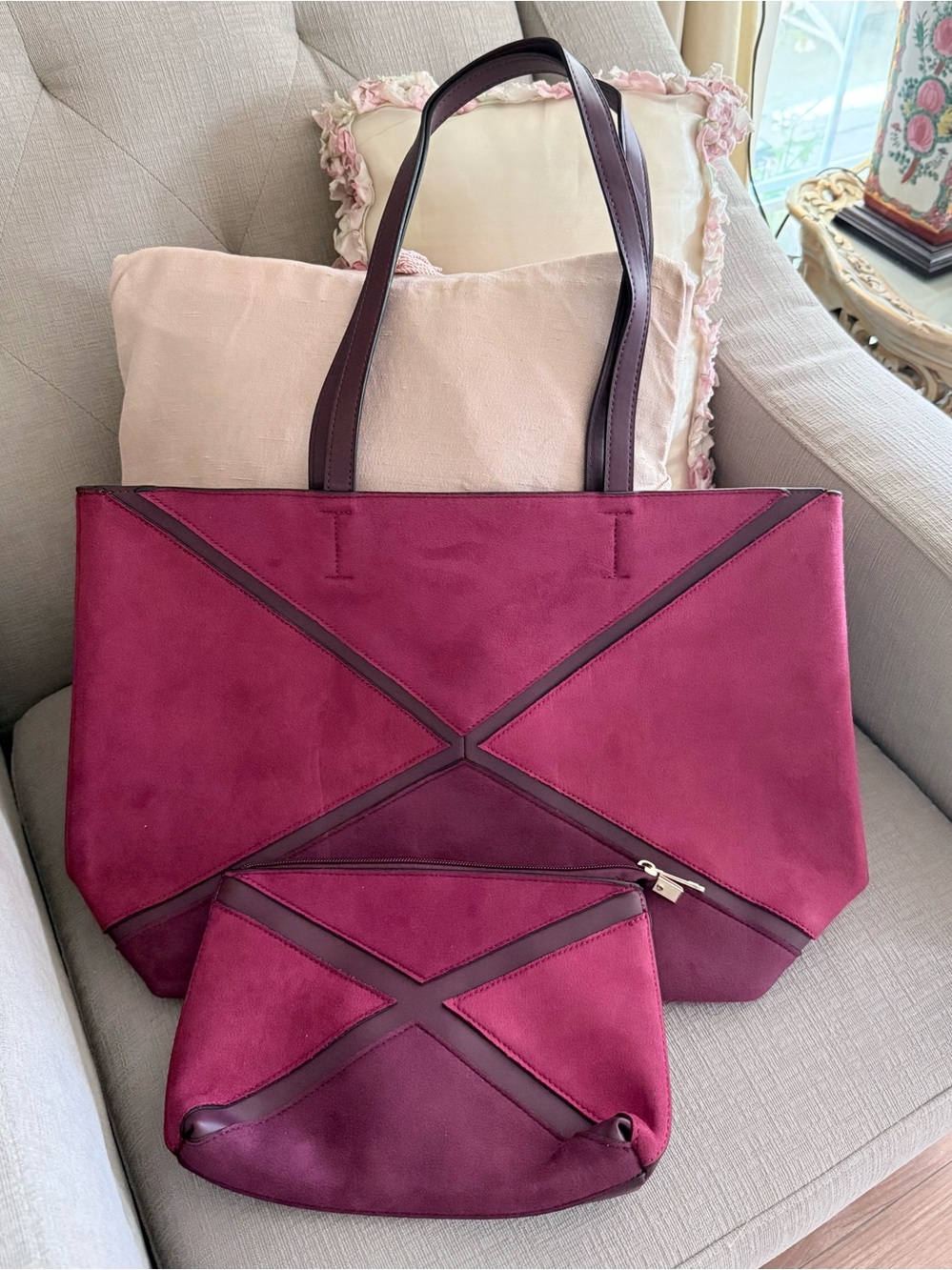 Set Of Tote & Little Zipper Makeup Or Organizer Bag, New, Suede Like,